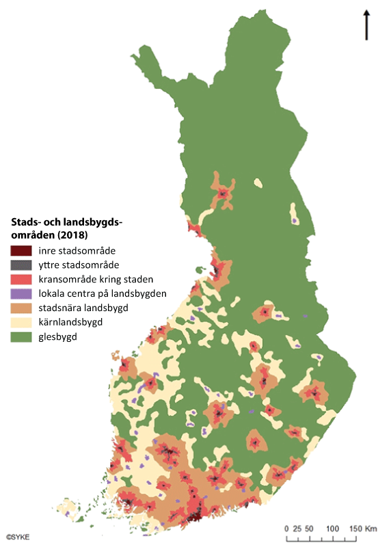 Karta över stads- och landsbygsområden enligt klassificering för året 2018.